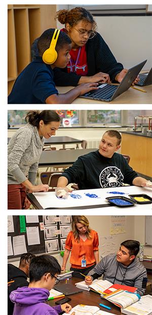 Three images of teachers and aides working with students