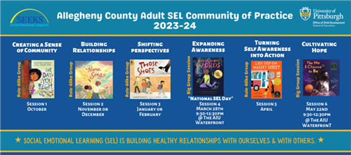 A graphic displaying a schedule for the SEL community of practice 
