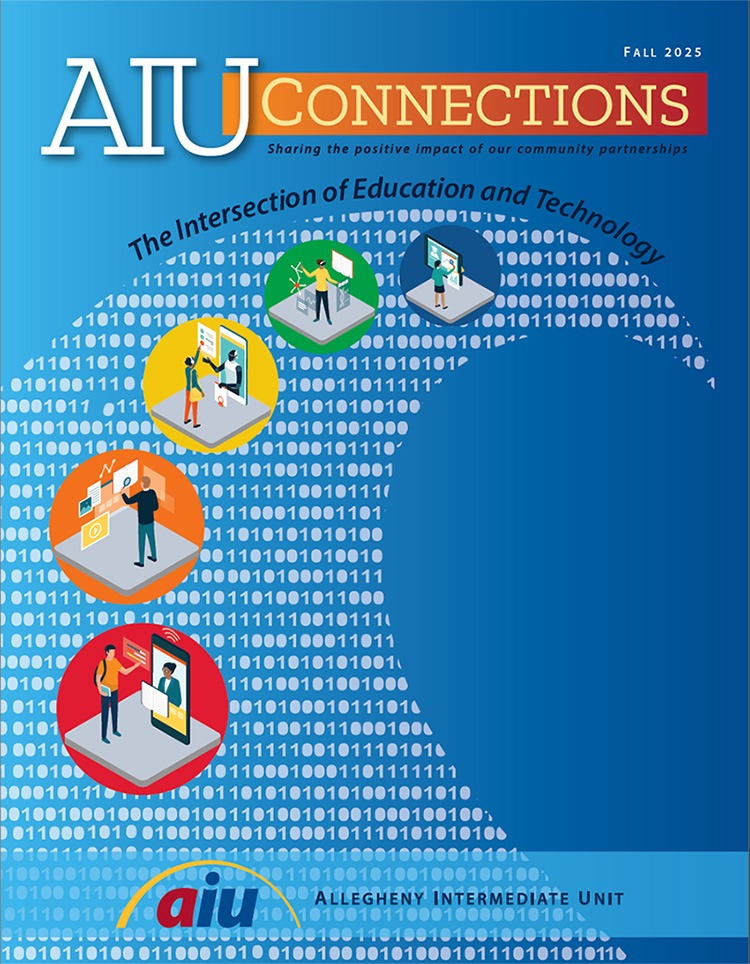 cover thumbnail: graphics depicting students interacting with technology atop a digital wave.