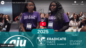 Screenshot of Youtube video showing two young women speaking at the Eradicate Hate Student Summit