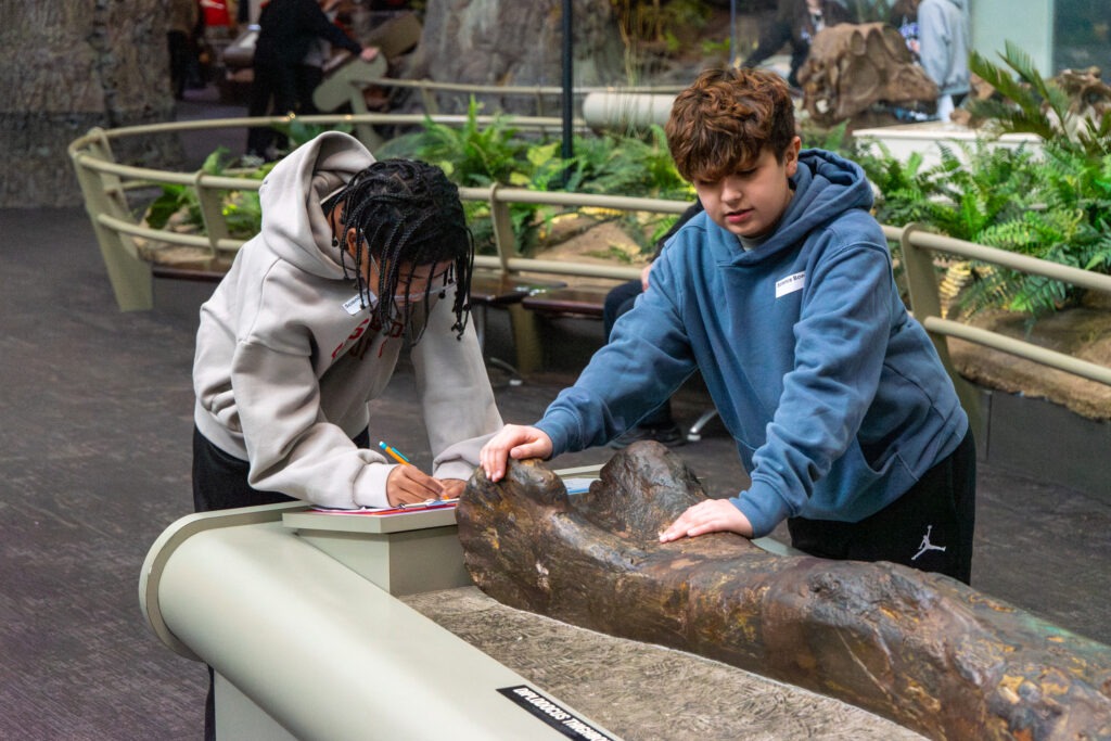 Two students examine an exhibit during the Science Bowl.