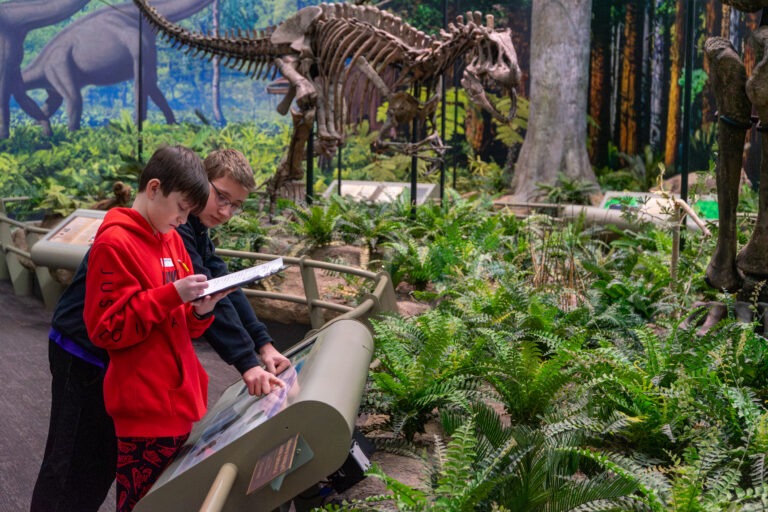 Two students explore a dinosaur exhibit during the annual Science Bowl.