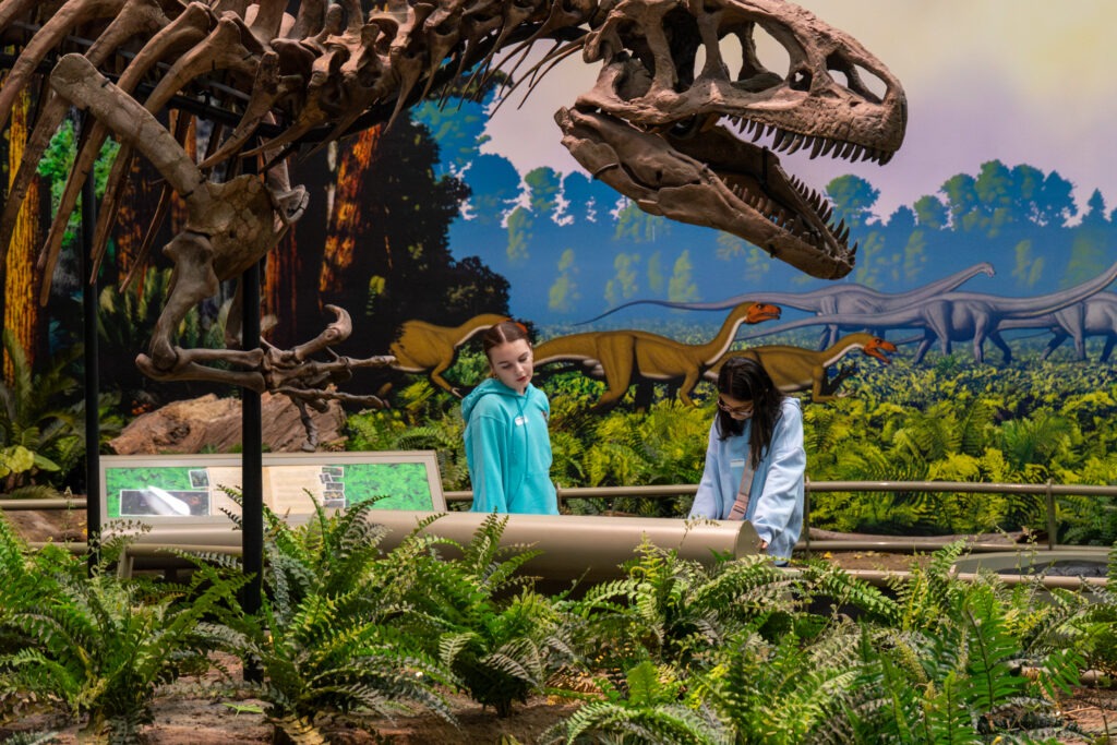 Two students examine an exhibit during the Science Bowl.