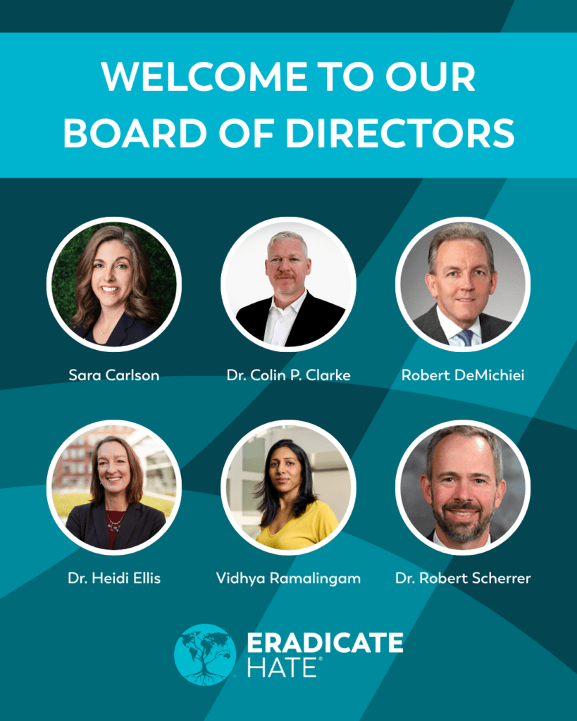 graphic shows headshots of six new board members and the Eradicate Hate logo