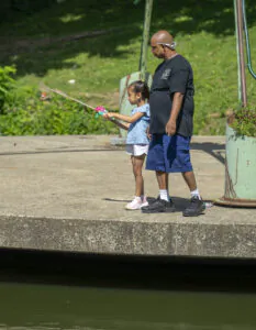Dad helping daughter fish