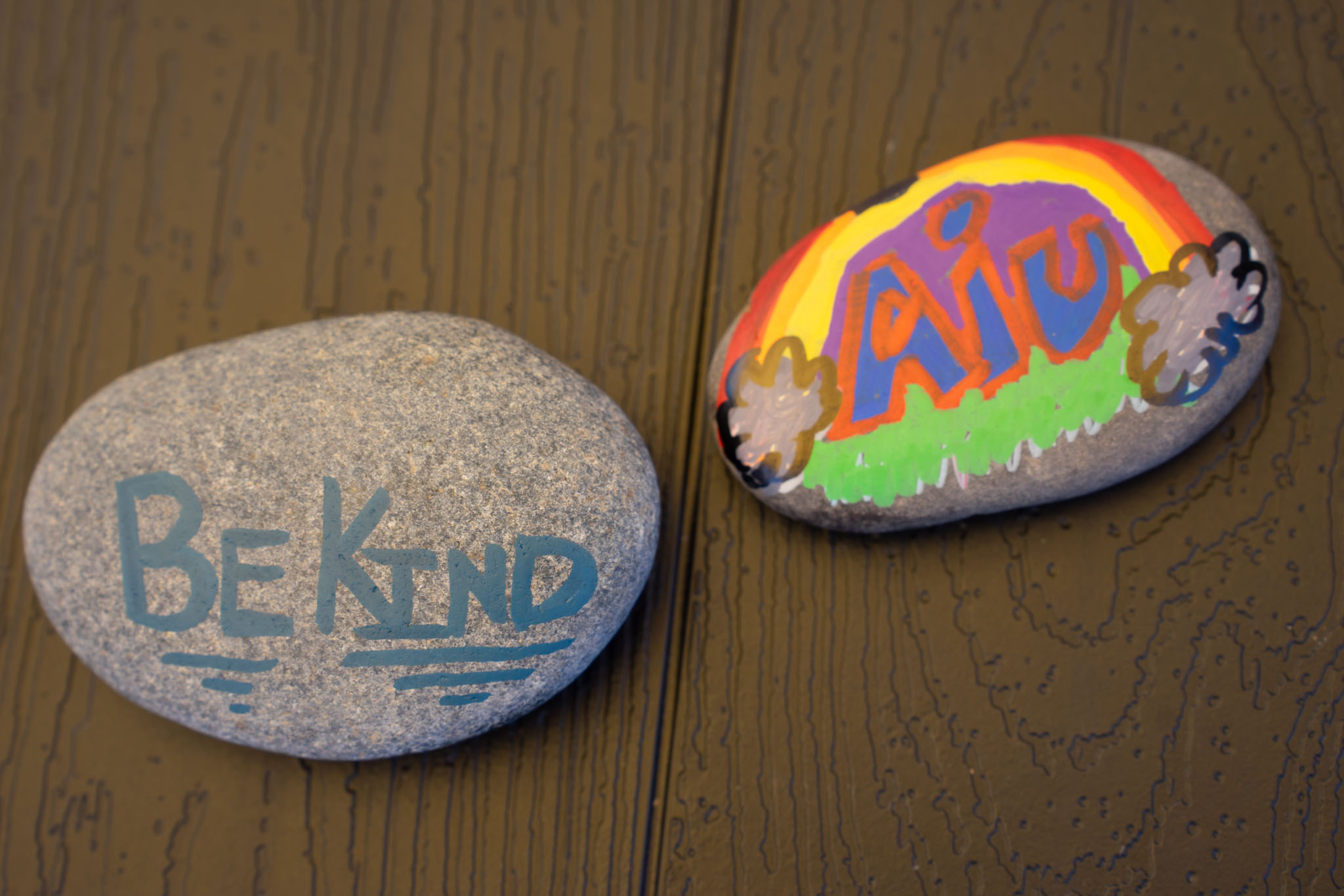 two painted rocks that say "be kind" and "AIU"