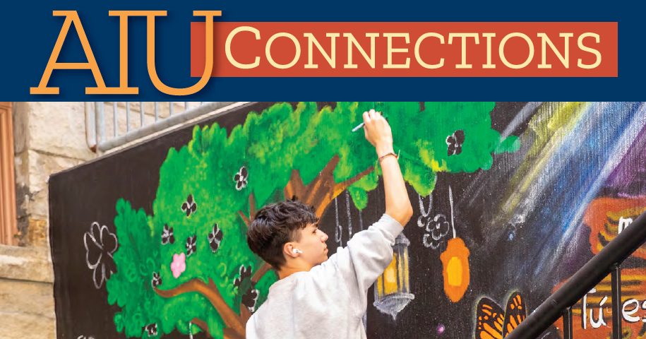 cover image shows students painting a nature mural