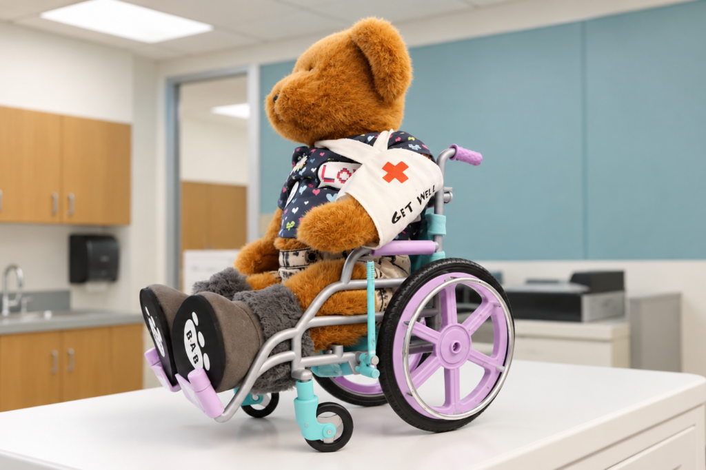 health2 stuffed bear in wheelchair inside school nurse's office