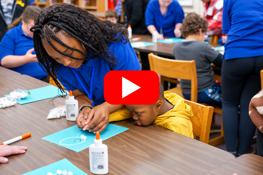 student helping child with art project