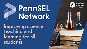 Beakers & books with text: PennSEL Network: Improving science teaching and learning for all students